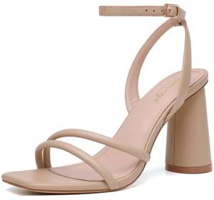 lot 44567 image: RIBONGZ Nude Strappy High Heels for Women Prom Heeled Sandals Square Open Toe Ankle Strap Chunky Wedding Bridal Shoes Block High Heels for Party Dress 7
