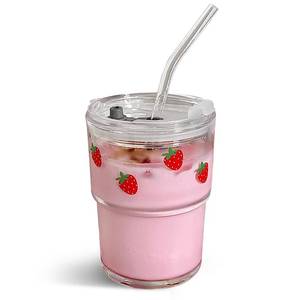 lot 44570 image: Olvini 13oz Glass Tumbler with Straw and Lid, Reusable Iced Coffee Cup Tumbler, Cute Glass Cups for Water, Matcha, Travel Coffee Mugs (Strawberry - 13oz)