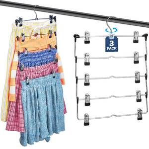 lot 44571 image: Zober 5-Tier Skirt Hangers with Clips - Metal, Non-Slip Space Saving Pants Hangers WAdjustable Clips & Swivel Hooks - Skirt Hangers for Women (3-Pack)