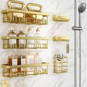 lot 44572 image: Veken Adhesive Shower Caddy 6-Pack,Gifts for Women Mom,Heavy Weight Bearing,Large Wall Mounted Bathroom Shelves Rack,Organizer Storage Accessories with Soap Dish&Toothbrush Holder,Bright Gold