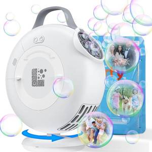lot 44575 image: Bubble Machine, Automatic Bubble Blower for Kids Toddlers, 8000 Bubbles Per Minute, 90° 200° Oscillating Electric Plug-in or Batteries Bubble Maker, Bubble Toys for Outdoor Birthday Party - White