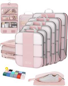 lot 33180 image: 10 Set Compression Packing Cubes for Travel Essentials Women Mom, Compressible Expandable Packing Cubes for Suitcase, OlarHike Luggage Organizer Bags for Travel, Handy Helper for Organizing Clothes(Pink) - Retail $50