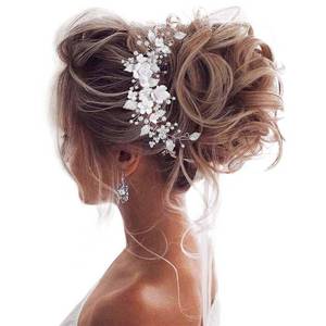 lot 33182 image: Unicra Flower Bride Wedding Hair Vine Pearl Bridal Hair Piece Leaf Hair Accessories Rhinestone Headband for Women and Girls (9inches) (Silver) - Retail $15