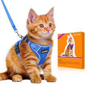 lot 33198 image: Cat Harness and Leash Set MAX Safety 4th-Gen Upgrade Escape Proof Adjustable Cat Leash Comfortable Soft Vest Easy to Wear Kitten Harness with Reflective Strip for Cats Walking, S Blue - Retail $17