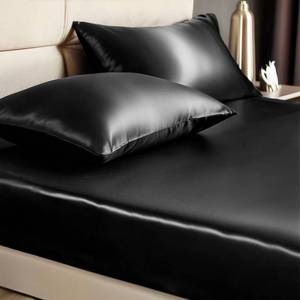 lot 33216 image: Satin Fitted Sheet and Pillowcase Set, Luxury Soft Similar to Silk Bottom Bed Sheet with Elastic Corner Straps, Deep Pocket up to 15 Inch, 1 Fitted Sheet and 1 Pillowcase(Twin XL, Black)