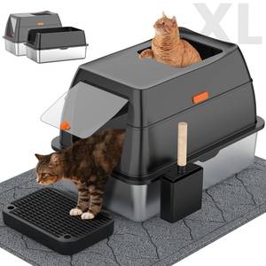 lot 33250 image: Stainless Steel Litter Box with Lid, Front Entry Top Exit Kitty LitterBox, Extra Large Enclosed Metal Cat Box with Litter Scoop & Litter Mat-Black - Retail $100