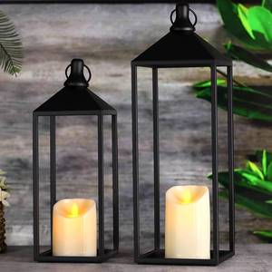 lot 33251 image: MATAHUM Modern Farmhouse Lanterns Decorative Indoor & Outdoor, 17 13 Set of 2 Black Vintage Lantern with Flameless Candles, Metal Halloween Lantern Decor for Room, Porch, Mantle, Patio, Home Decor - Retail $42