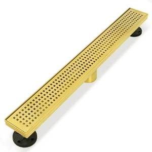 lot 33256 image: 18-Inch Brushed Brass Linear Shower Drain with Removable Quadrato Pattern Grate, Professional 304 Stainless Steel Gold Rectangle Shower Floor Drain Manufacturer, Linear Drain with Hair Strainer - Retail $68