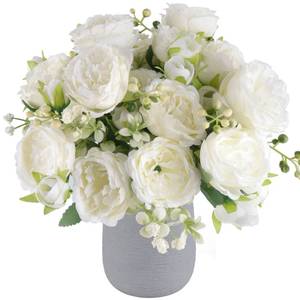 lot 33257 image: 4 Bundles Artificial Peonies Silk Flowers, White Faux Peony Bouquet Florals Arrangements Decor for Farmhouse Home Boho Wedding Table Centerpiece, Fake Plastic Flowers Bulk Vase Decoration (White) - Retail $20