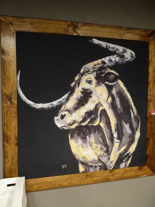 lot 7441 image: Large wall Art of Bull with Wooden Frame