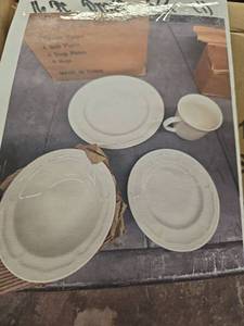 lot 8288 image: White Embossed Dinner Set with Missing Bowl