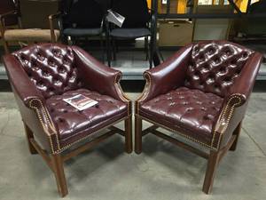 lot 18389 image: (2) Tufted Leather Wing Chair with Brass Nailheads