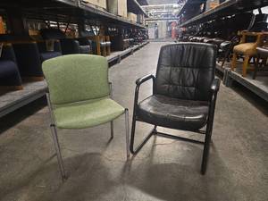 lot 18403 image: Mid-Century Office Guest Chairs - Green Fabric & Black Leather