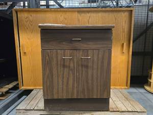 lot 20273 image: Wood and Metal Cabinet  and 5ft Wooden Shelf