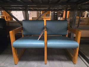 lot 18447 image: Oak Frame Armchair with Blue Vinyl