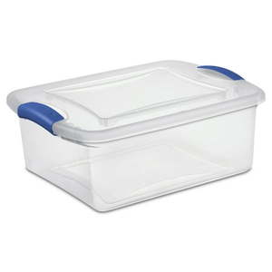 lot 2233 image: Sterilite 15 Quart Latch Box, Clear Plastic Bin with Blue Lid