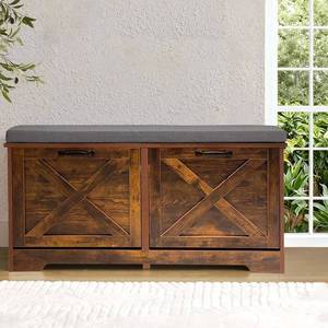 lot 2255 image: $100 Brown Shoe Bench with Storage, 2 Flip Drawers and Seat Cushion