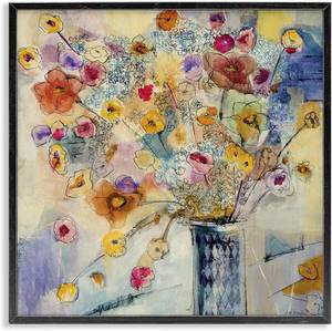 lot 2331 image: $87 Painted Flowers Line Drawing, 16 x 16, Black Frame, Multi-Color