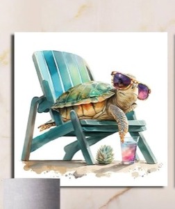 lot 2345 image: Green Canvas Wall Art - Turtle on Beach Chair, 30 x 30