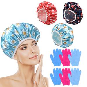 lot 2375 image: 3PC Reusable Shower Caps & 3 Pairs Exfoliating Bath Gloves