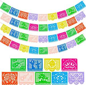 lot 2396 image: 2 pack 68ft Mexican Party Banners, 9 Patterns Plastic Papel Picado