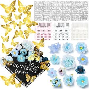 lot 2403 image: Faux Flower & 3D Butterfly Grad Cap Decor Kit, 33 PCS (Blue)