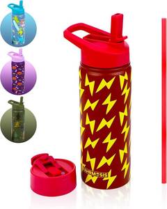 lot 2464 image: 18 OZ Kids Insulated Water Bottle with Straw & FlipSpout Lids