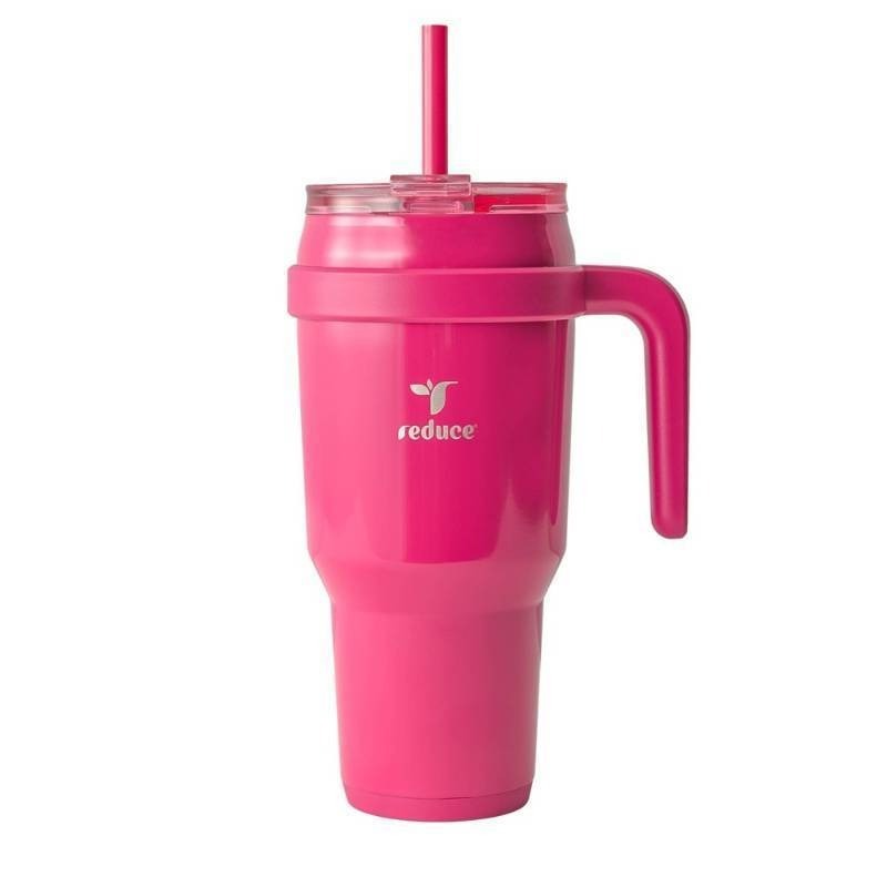 lot 40039 image: Reduce 40oz Cold1 Vacuum Insulated Stainless Steel Straw Tumbler Mug Dark Pink Dishwasher-Safe, Flip-Top Lid - Retail $25
