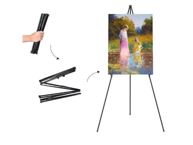 lot 40188 image: Easel Stand for Sign, Aredy 63 Portable Painting Easel, Lightweight Metal Easels for Painting. White not Black as shown in stock photo  - Retail $15