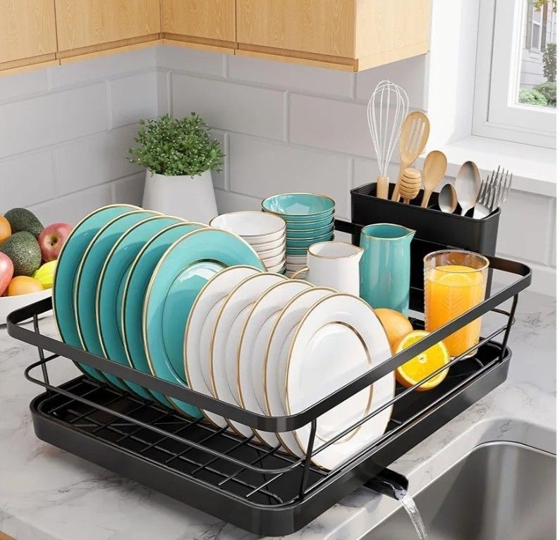 lot 40205 image: Stainless Steel Dish Drying Rack for Kitchen Counter, Sink Organization and Storage Essentials with Silverware & Utensil Holder - Retail $24