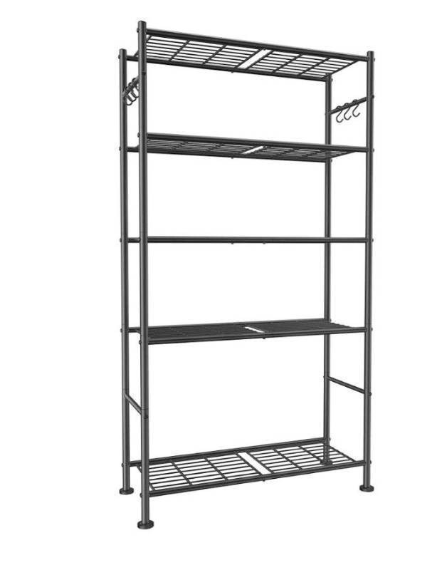 lot 40211 image: 5-Tier Large Capacity Shelf Organizer with Hooks, Heavy-Duty Garage Shelving with Leveling Feet, Wobble-Free Rack for Bedroom, Balcony, Garage - Retail $64