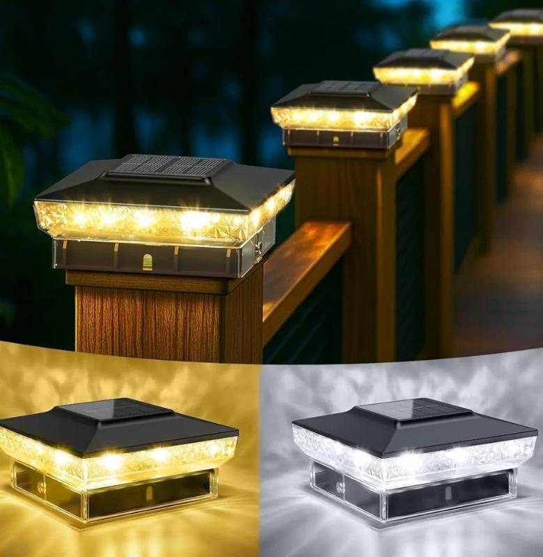 lot 42164 image: Solar Post Cap Lights, 12-Pack Upgraded Outdoor Deck Fence Post Solar Lights for 4x4 5x5 WoodVinyl Posts, IP65 Waterproof, 10-12 Hours WarmCool White Glow for GardenPatioPorch - Black - Retail $55