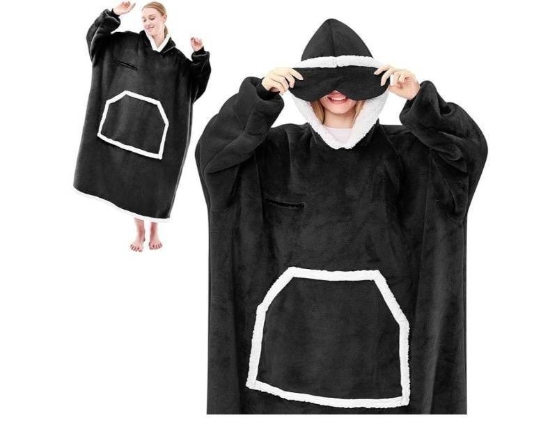 lot 42373 image: IFNOW Wearable Blanket Hoodie, Oversized Sherpa Fleece Hooded Sweatshirt with Eye Mask, Cozy and Giant Blanket Hoodie with Sleeves Extra Long for Adults Men Women, Black - Retail $28