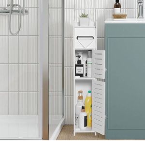 lot 40381 image: TuoxinEM Storage Cabinet for Small Spaces, Over The Toilet Cabinet for Skinny Bathroom Storage Corner Floor, Slim Paper Holder with 2 Doors & Shelves - Retail $24