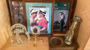 lot 37 image: Golf-Themed Danbury Desk Clock with Golf Bag Trophy Base, Framed WichitaBen Hogan Open Programs, And More