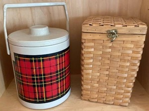 lot 68 image: Vintage Hamilton Skotch Red Tartan Ice Bucket Made in Kansas and a Square Basket w Latch