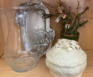 lot 76 image: Glass Decanter, White Ceramic Lidded Bowl and More
