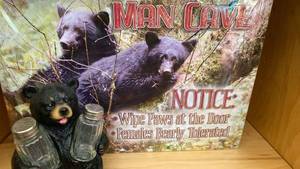 lot 78 image: Black Bear Salt and Pepper Shaker Holder and Man Cave Metal Sign