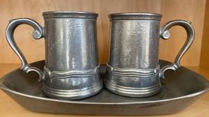 lot 81 image: Vintage 1974 Colonial Pewter Beer Steins Set with Tray