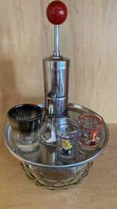 lot 84 image: Vintage Chrome Absinthe Fountain Set with Decorated Glasses