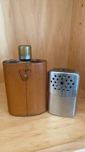lot 85 image: Vintage Flask w Leather Case and Pocket Hand Warmer