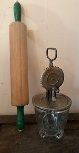 lot 532 image: Antique Rolling Pin, A&J Hand-Held Mixer w Glass Base