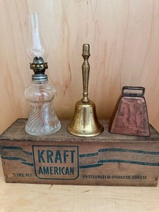 lot 560 image: Vintage Cheese Box, OilLamp, Brass and Cow Bells