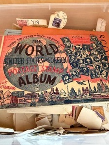 lot 599 image: Stamp Collection w Books, Plastic Tote w Stamps, Please See Pictures for Variety