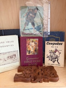 lot 600 image: Teak Book Holder and Books - Antiques - Please See Pictures for Titles and Copywrights