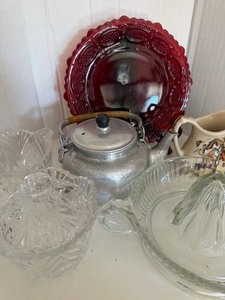 lot 601 image: Vintage CreamerSugar, Juicer, Red Glass, Small Aluminum Tea Kettle, Rodeo Creamer Pitcher