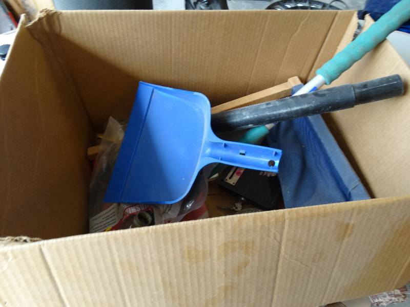 lot 4594 image: Lot of washer hose, small chair, window scraper, dust pan.