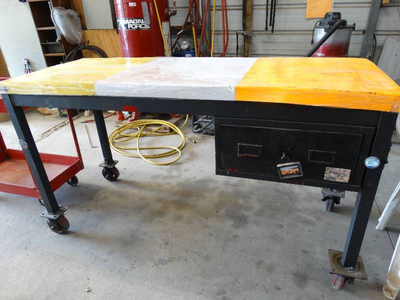 lot 4641 image: Metal shop table on wheels 62 12 x 24 x 36.