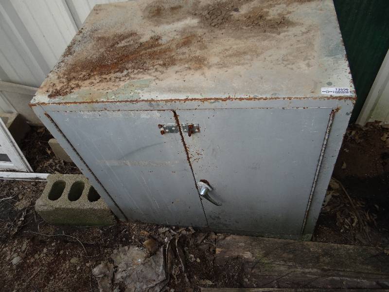 lot 13596 image: Metal cabinet with contents.