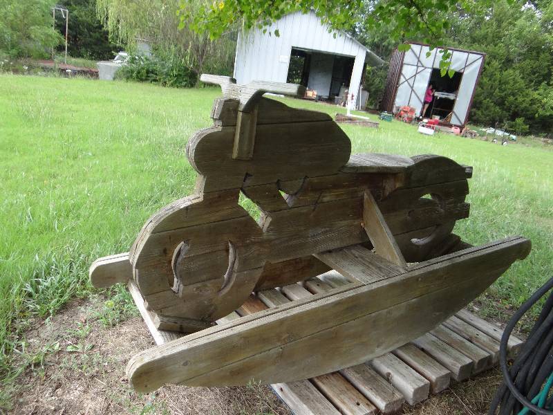 lot 13629 image: LARGE hand crafted wood rocker motorcycle.